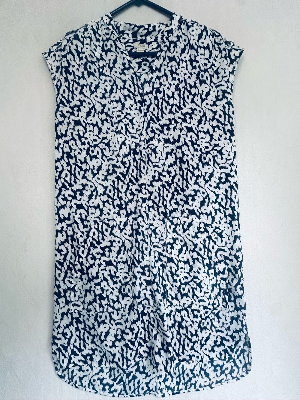 J. Crew Navy and White Printed Sleeveless Shift Dress Sz XS Pockets Epaulettes